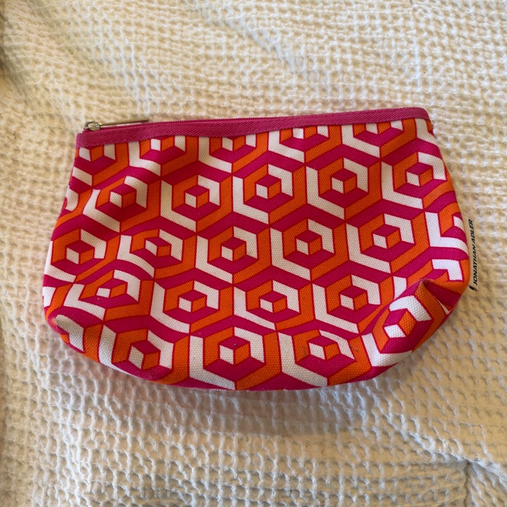 Jonathan Adler Clinique Pink Orange Geometric Canvas Makeup Cosmetic Bag Pouch